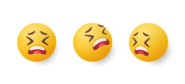 3D emoji seti. Üzüntü duygularını ifade eden üzgün yüzlü çıkartmalar. Sosyal ağlarda iletişim için yuvarlak sarı emoticonlar. Plastiksi biçiminde gerçekçi vektör illüstrasyon koleksiyonu