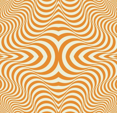 İllüzyon kusursuz desen. Geometrik şekilli psikedelik desen ve çarpık efektli optik illüzyon tekrarlanıyor. Yazdırma için tasarım ögesi. Soyut biçimde düz vektör illüstrasyonu