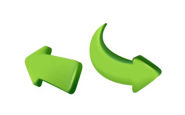 Üç boyutlu ok simgeleri. Sol ve sağ yön göstergelerine sahip çıkartmalar. Yol işareti ya da işaretçi. Web sitesi için tasarım ögesi. Plastiksi biçiminde gerçekçi çizimler kümesi