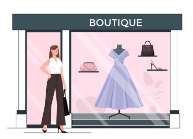Butiğin yanındaki kadın. Moda mağazası ya da marketin yanında siyah deri çantalı genç bir kız. Moda ve tarz, moda. Elbise ve ayakkabı seçen bir alışverişkolik. Düz vektör illüstrasyonu