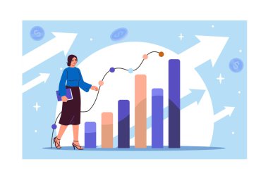 Kadınlar istatistik tutar. Çizelgeleri ve grafikleri olan bir iş kadını. Finansal yönetim ve strateji. Bilgi grafikleri ve veri görselleştirmesi. Analist pazarlama araştırması yapıyor. Düz vektör illüstrasyonu