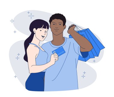 Alışveriş yapmaktan hoşlanan mutlu bir çift, ellerinde kredi kartı ve birden fazla alışveriş çantası tutuyorlar. Hafif bir arka planı olan minimalist modern bir tarz. Çevrimiçi ödemeler ve tüketim kavramı. Vektör illüstrasyonu