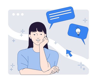 Mavi gömlekli kadın etrafındaki ampullü konuşma baloncuklarını düşünürken. Minimalist soyut tasarım. Beyin fırtınası ve yaratıcılık kavramı. Vektör illüstrasyonu