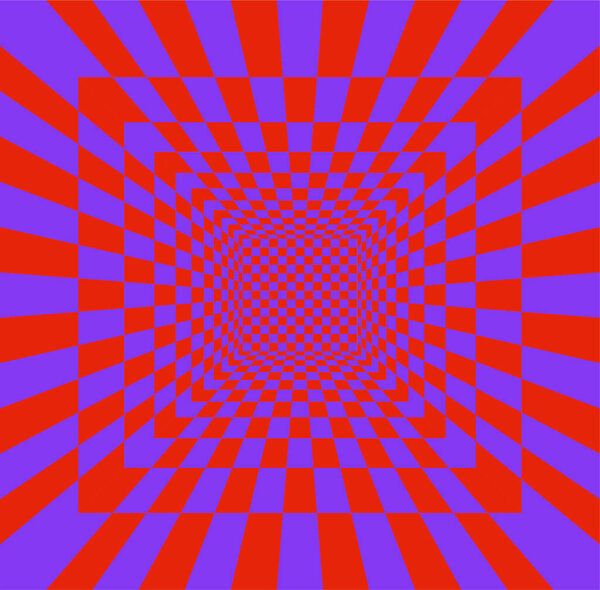 Abstract optical illusion with a checkered tunnel effect in red and purple. The pattern creates a sense of depth and movement. Concept of hypnotic and psychedelic visuals. Vector illustration