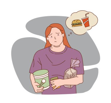 Fast food 'u düşünürken elinde yiyecek tutan üzgün bir kadın. Dondurma, ekmek ve abur cubur taşır ama bir hamburger ve soda hayal eder. Basit bir geçmiş. Yemek arzusu kavramı. Vektör illüstrasyonu