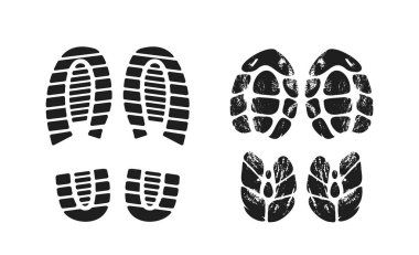 Beyaz arka planda farklı tarzlarda siyah ayakkabı ve bot izleri. Temiz ve sıkıntılı kalıpları da içeriyor. İz sürme, yürüyüş ve ayakkabı kavramı. Vektör illüstrasyonu