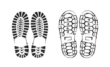 Siyah ve beyaz vektör çizimi. İki farklı ayakkabı izi, biri engebeli desenli diğeri altıgen desenli, beyaz arka planda izole edilmiş. Ayakkabı, yürüyüş, açık hava aktiviteleri kavramı