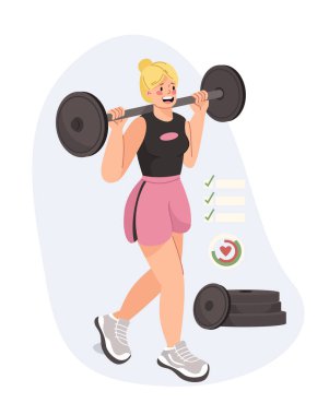 Genç bir kadın gülümserken halter kaldırıyor, atletik kıyafetler giyiyor. Fitness kontrol listesi ve arka planda ağırlık plakaları. Güç eğitimi ve sağlıklı yaşam tarzı kavramı. Vektör illüstrasyonu
