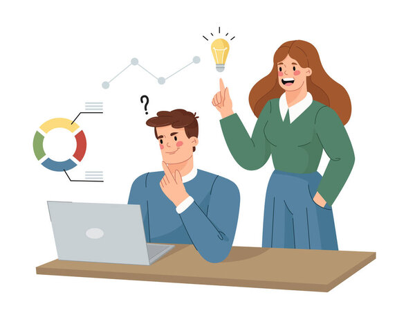 Мужчина думает за ноутбуком с озадаченным выражением лица, в то время как женщина взволнованно делится идеей. Бизнес графики и графики в фоновом режиме. Концепция командной работы и мозгового штурма. Векторная иллюстрация