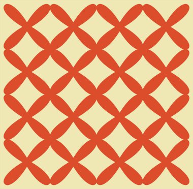 Soyut geometrik desen, birbirine kenetlenmiş kırmızı yapraksı şekillerle açık sarı bir arkaplanda kafes yapısı oluşturuyor. Modern ve stil sahibi kusursuz tasarım. Vektör illüstrasyonu