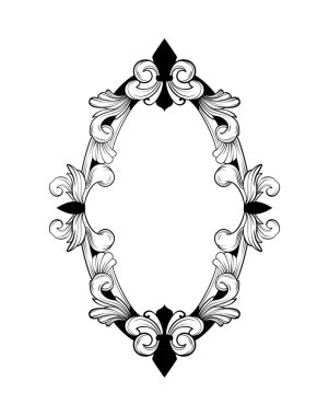 Siyah ve beyazla karışık barok tarzı süslemeleri olan zarif bir klasik oval çerçeve. Beyaz arka planda dekoratif simetrik tasarım. Vektör illüstrasyonu