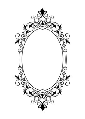 Beyaz arka planda karmaşık çiçek ve barok tarzı detaylara sahip zarif siyah-beyaz oval çerçeve. Klasik tasarımlar, davetiyeler ya da dekoratif projeler için mükemmel. Vektör illüstrasyonu
