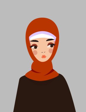 Tarafsız bir ifadeyle kırmızı tesettüre ve koyu renk giysili genç bir kadının portresi. Çizim, gri bir arka planda modern, düz bir tarzda yapılmıştır. Vektör illüstrasyonu