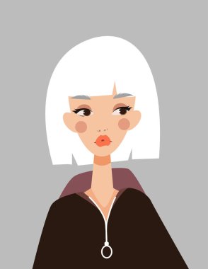 Kısa beyaz saçlı, siyah ceketli, fermuarlı, dairesel kolyeli, gri arkaplanlı şık bir kadın. Şık ve modern karakter konsepti. Vektör illüstrasyonu