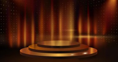 Altın kürsülü arka plan. Ödül töreni ve ürün sunumu için altın parıltısıyla süslenmiş sahne veya platformla hareket eden afiş. Reklam için tasarım. Gerçekçi 3D canlandırmalı grafikler