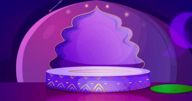 Şenlikli lüks podyum. Geleneksel Hint tarzı afiş, nilüfer çiçekleri, fenerler ve reklam, sunum ve ödül töreni için sahne. Çizgi film 3 boyutlu animasyon grafikleri