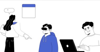 Modern bilgi teknolojileri. Proje üzerinde çalışan programcılar, yazılım mühendisleri, kodlayıcılar ve testçilerle birlikte afiş taşıyorlar. Yazılım geliştirme. Düz ana hatlı canlandırılmış grafikler