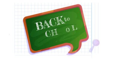 Okula dönelim. Üzerinde yeşil tebeşir tahtası, ampul, kareli arka planda kalem ve elma olan hareketli pankart. Eğitim, öğrenme, öğrenme ve bilgi edinme. Çizgi film düz animasyon grafikleri