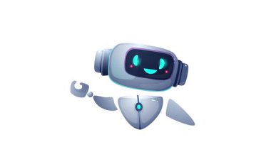 Sanal asistan ve yapay zeka. Sevimli robot ya da sinirsel ağ ile pankartı hareket ettiriyorum. Makine öğrenme ve modern teknolojiler. Akıllı sanal robot. Çizgi film düz animasyon grafikleri