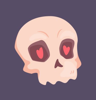 Tatlı Cadılar Bayramı Etiketi. Gözlerinde kalp olan kafatası kemikleri olan etiket ya da rozet. Şeker mi şaka mı? Cadılar Bayramı kutlaması için tasarım elemanı. Düz çizgi film vektör çizimi arkaplanda izole edildi