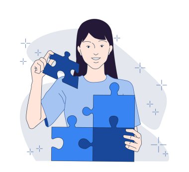 Yapboz parçalarını tutan ve birbirine bağlayan kadın, minimalist çizgiler şeklinde çizilmiş, yumuşak soyut şekilli beyaz bir arka planda. Sorun çözme kavramı. Vektör illüstrasyonu