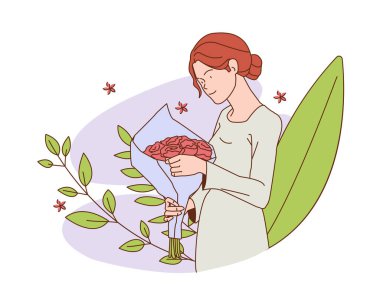 Elinde bir buket gül tutan hamile bir kadın, minimalist çizgilerle çizilmiş, mor arka planda yapraklar ve çiçeklerle. Vektör illüstrasyonu