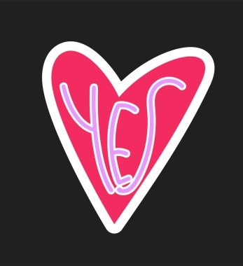 Parlak pembe kalp şekli, neon-stil mor metinde EVET ile, beyazla özetlenmiş, siyah bir arkaplan üzerine odaklanmış. Pozitif ve sevgiyi ifade eden vektör illüstrasyonu