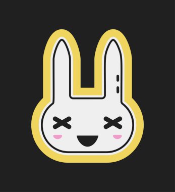 X gözlü, kırmızı yanaklı, minimalist tarzda gülümseyen tavşan yüzlü, koyu arkaplanda sarı çizilmiş. Vektör illüstrasyonu