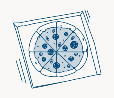 Açık bir kutuda sekiz dilimli bir pepperoni pizza. Hafif bir arka planda minimalist çizgilerle çizilmiş. Yemek teslimatı kavramı. Vektör illüstrasyonu