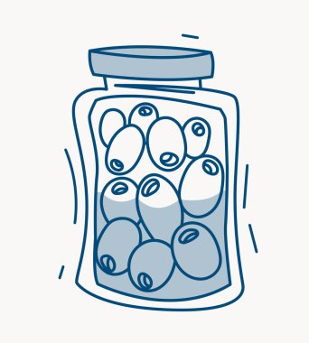 Açık arkaplanda mavi tonlarla çizilmiş minimalist çizgili zeytinlerle dolu cam kavanoz. Korunmuş gıda kavramı. Vektör illüstrasyonu