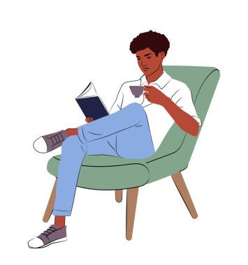 Yeşil sandalyede oturan, kitap okuyan ve elinde bir fincan kahve tutan bir adam, minimalist çizgili sanat tarzı, beyaz arka planda izole edilmiş. Rahatlama kavramı. Vektör illüstrasyonu