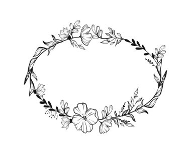Narin çiçekler ve kıvrımlı yapraklardan yapılmış el yapımı oval çelenk çerçevesi, beyaz arka planda siyah çizgili sanat. Zarafet ve doğa kavramı. Vektör illüstrasyonu