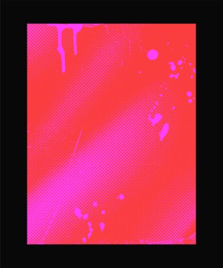 Renkli yarım tonlu, koyu kırmızı ve pembe tonlar, grunge sıçrama efektleri, ve siyah arka planda soyut boya damlaları. Popüler sanat kaosu kavramı. Vektör illüstrasyonu