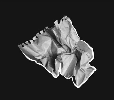 Sivri kenarlı buruşuk kağıt levha, gri tonda stil verilmiş, koyu siyah bir arkaplanda izole. İsraf ya da hata kavramı. Vektör illüstrasyonu