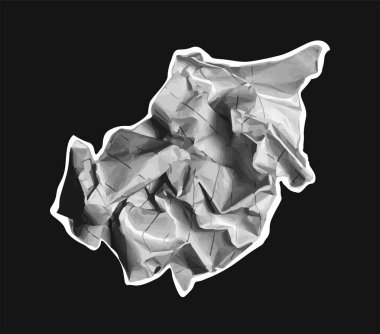 Gri tonlu grafik tarzında gösterilen buruşuk beyaz kağıt, koyu siyah bir arkaplanda izole edilmiş. Atık, geri dönüşüm veya yaratıcılık kavramı. Vektör illüstrasyonu