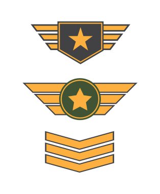 Kalkanlarında ve daire tasarımlarında altın yıldız ve şeritleri olan üç askeri sınıf rozet, beyaz arka planda düz grafik tarzı. Otorite ve onur kavramı. Vektör illüstrasyonu