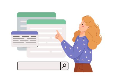 Arama çubuğu olan büyük dijital belgeleri gösteren bir kadın, beyaz arka planda düz çizgi film tarzı. Çevrimiçi araştırma veya veri analizi kavramı. Vektör illüstrasyonu