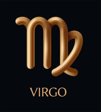 Parlak metalik efektli altın başak burcu simgesi, siyah arka planda parlak bir stil. Astroloji, yıldız falı ve zodyak kimlik kavramı. Vektör illüstrasyonu