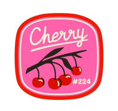 Çizgi film stili vişne aromalı meyve rozeti ve pembe arka planda dört kiraz, kırmızıyla özetlenmiş, retro meyve etiketi tasarımını temsil ediyor. Vektör illüstrasyonu