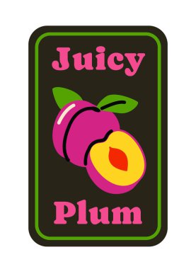 Sulu erik meyvesi etiketi parlak karikatür tarzı erik ve koyu arkaplanda yeşil çizgili metin. Meyve markası kavramı. Vektör illüstrasyonu