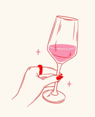Kırmızı tırnaklı bir kadın, pembe sıvı şarap bardağı tutuyor, arka planda düz çizgi film tarzı, zarafet ve kutlama kavramı. Vektör illüstrasyonu