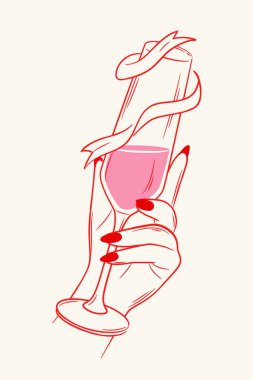 Kırmızı tırnaklı zarif bir kadın eli pembe içecekle dolu bir şarap kadehi tutuyor, kurdele cama dolanmış, bej arka planda düz bir tarzı var. Vektör illüstrasyonu