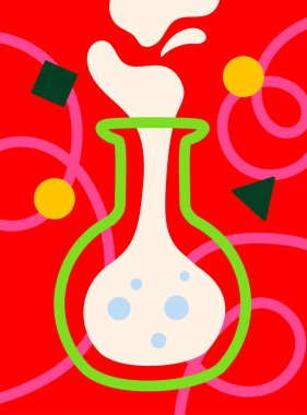 Kaynayan sıvı ve dumanlı laboratuvar şişesi, düz çizgi film stili, geometrik şekilli kırmızı soyut arka plan. Vektör illüstrasyonu