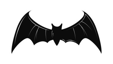 Beyaz bir arka planda tasvir edilmiş, stilize düz grafik tarzda uzanmış kanatları olan siyah bir yarasa. Cadılar Bayramı, gizem ve gece kavramı. Vektör illüstrasyonu