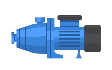 Mavi elektrikli su pompası yan görüntüde, düz çizgi film stili temiz şekilli ve gölgeli, beyaz arkaplanda. Endüstriyel ekipman kavramı. Vektör illüstrasyonu