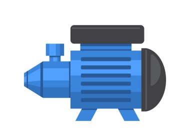 Düz çizgi film tarzında mavi endüstriyel su pompası, basitleştirilmiş detaylar ve gölgeler, beyaz arka planda izole edilmiş. Mekanik ekipman kavramı. Vektör illüstrasyonu