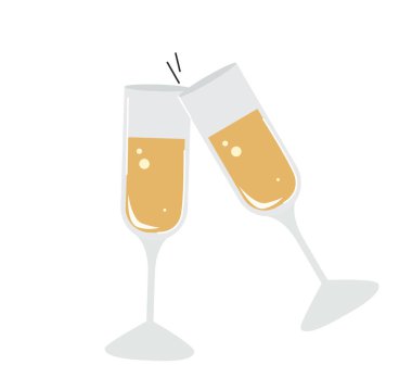 İki şampanya kadehi, içinde köpüklü bir içecek, beyaz arka planda düz çizgi film tarzı. Kutlama ve parti anlayışı. Vektör illüstrasyonu