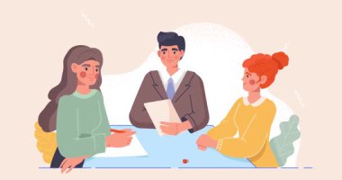 İş toplantısı. Girişimcilerden oluşan bir ekiple ya da konferansta projeyi tartışan ofis çalışanlarıyla afiş taşımak. Çeşitli iş adamlarından oluşan bir grup tartışıyorlar. Çizgi film düz animasyon grafikleri