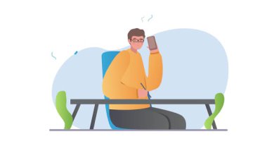İş etkinliği sahnesi. Erkek girişimci ya da ofis çalışanı ile pankart taşıyarak iş görüşmesi yapmak ve müşteriler, iş arkadaşları ve ortaklarla iletişim kurmak. Çizgi film düz animasyon grafikleri