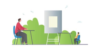 İş etkinliği sahnesi. İş konferansında ya da toplantıda erkek ve kadın girişimci ya da ofis çalışanlarıyla afiş taşımak. Takım çalışması ve işbirliği. Çizgi film düz animasyon grafikleri